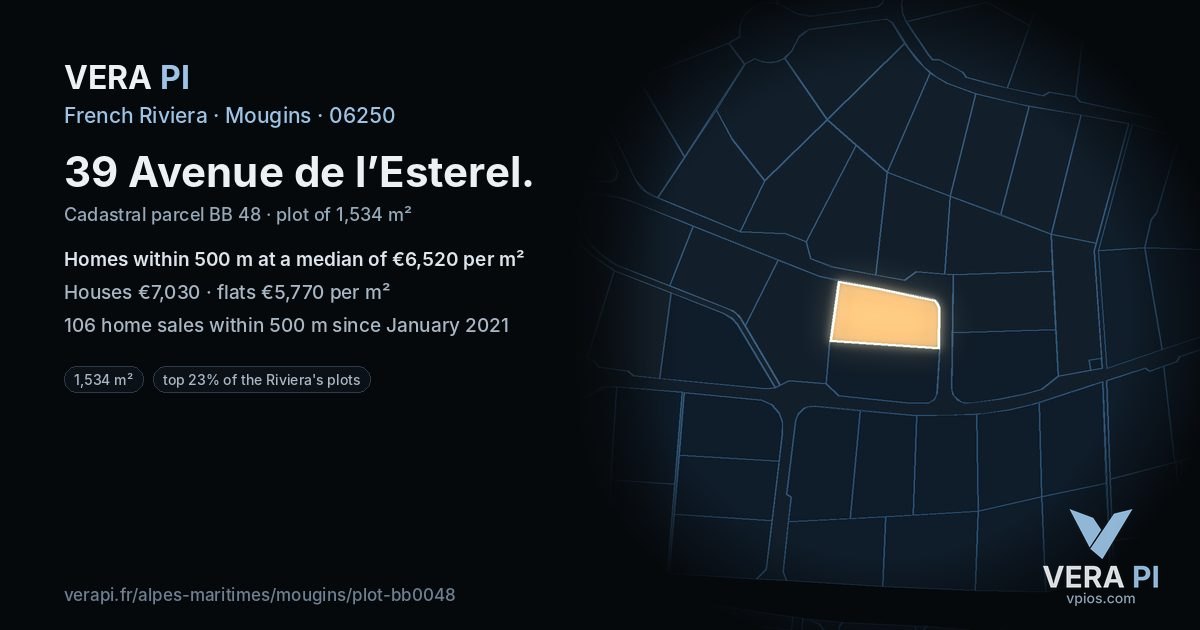 39 Avenue de l’Esterel, Mougins at night – the plot lit, the parcels around coloured by the prices near them