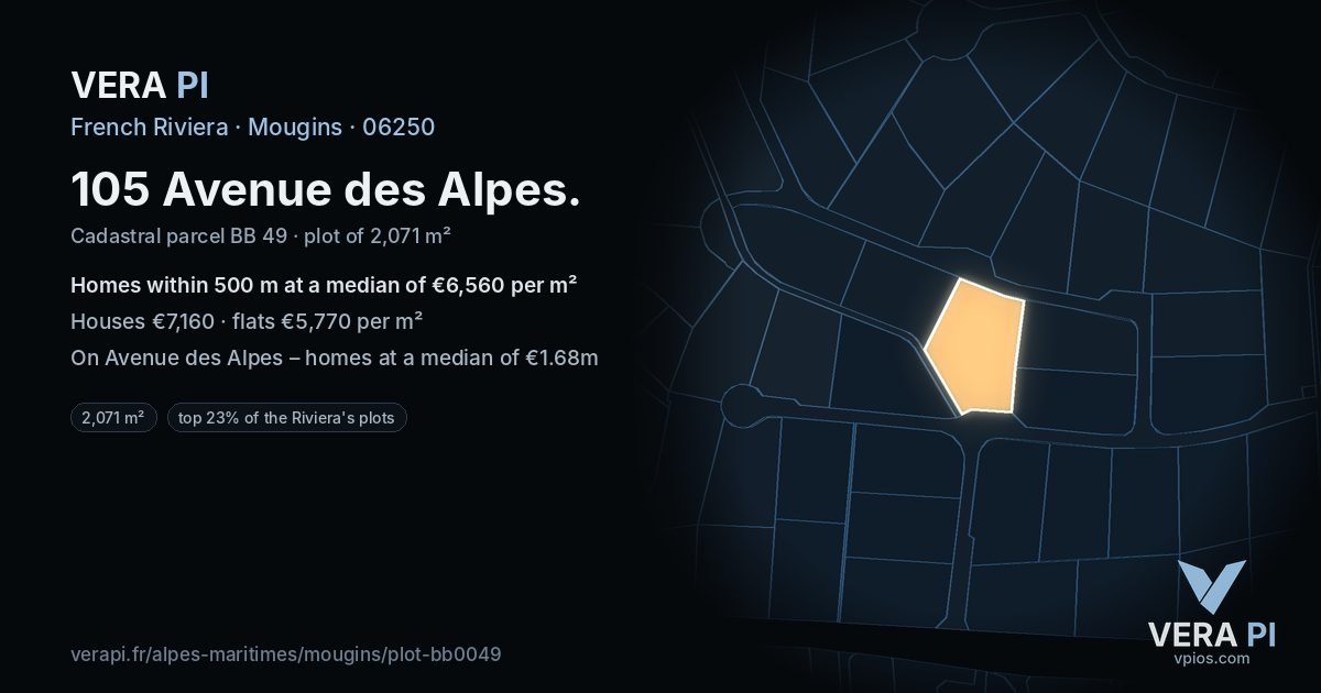 105 Avenue des Alpes, Mougins at night – the plot lit, the parcels around coloured by the prices near them