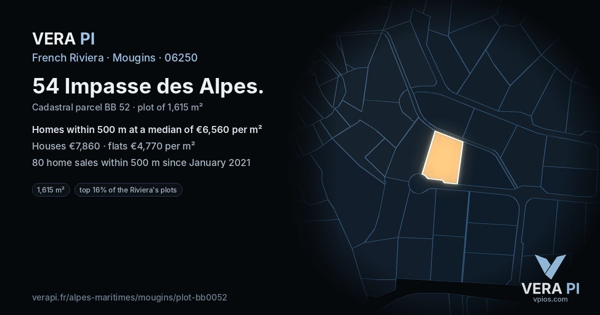 54 Impasse des Alpes, Mougins at night – the plot lit, the parcels around coloured by the prices near them