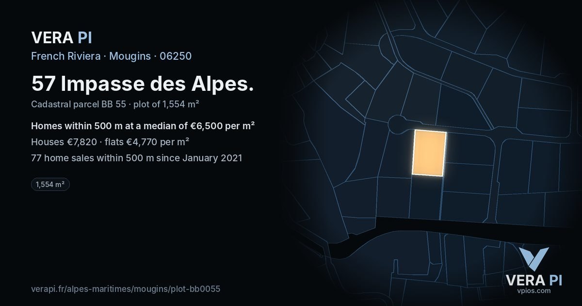 57 Impasse des Alpes, Mougins at night – the plot lit, the parcels around coloured by the prices near them