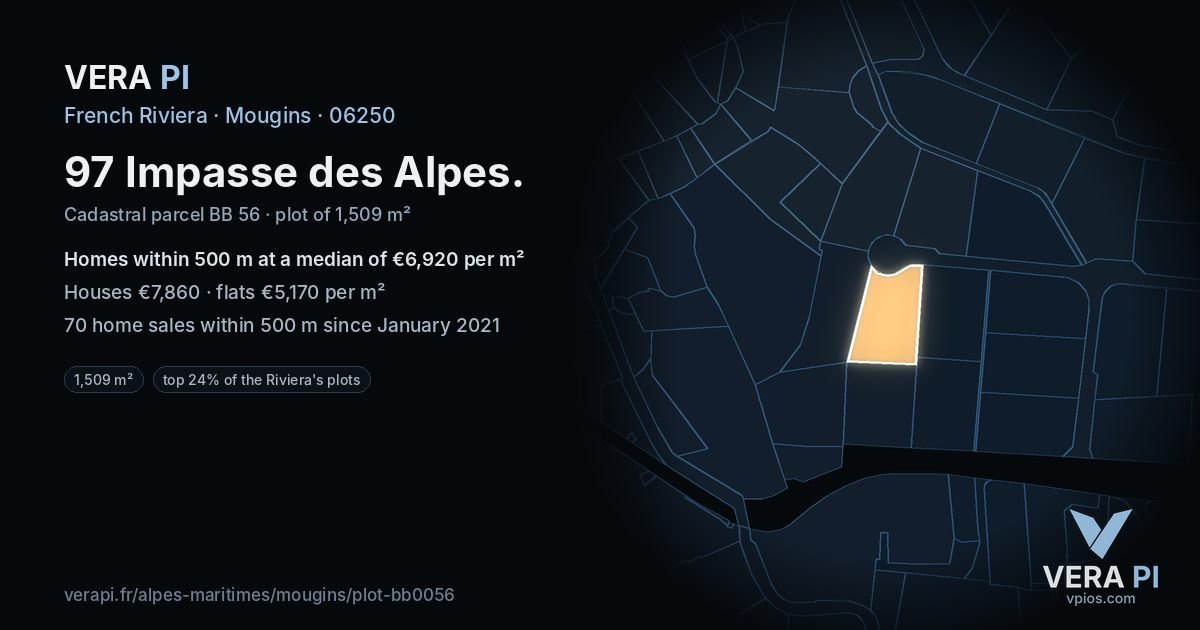 97 Impasse des Alpes, Mougins at night – the plot lit, the parcels around coloured by the prices near them
