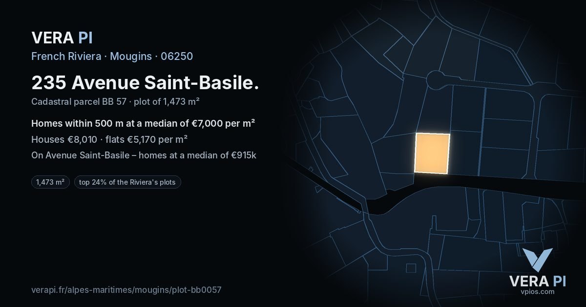 235 Avenue Saint-Basile, Mougins at night – the plot lit, the parcels around coloured by the prices near them