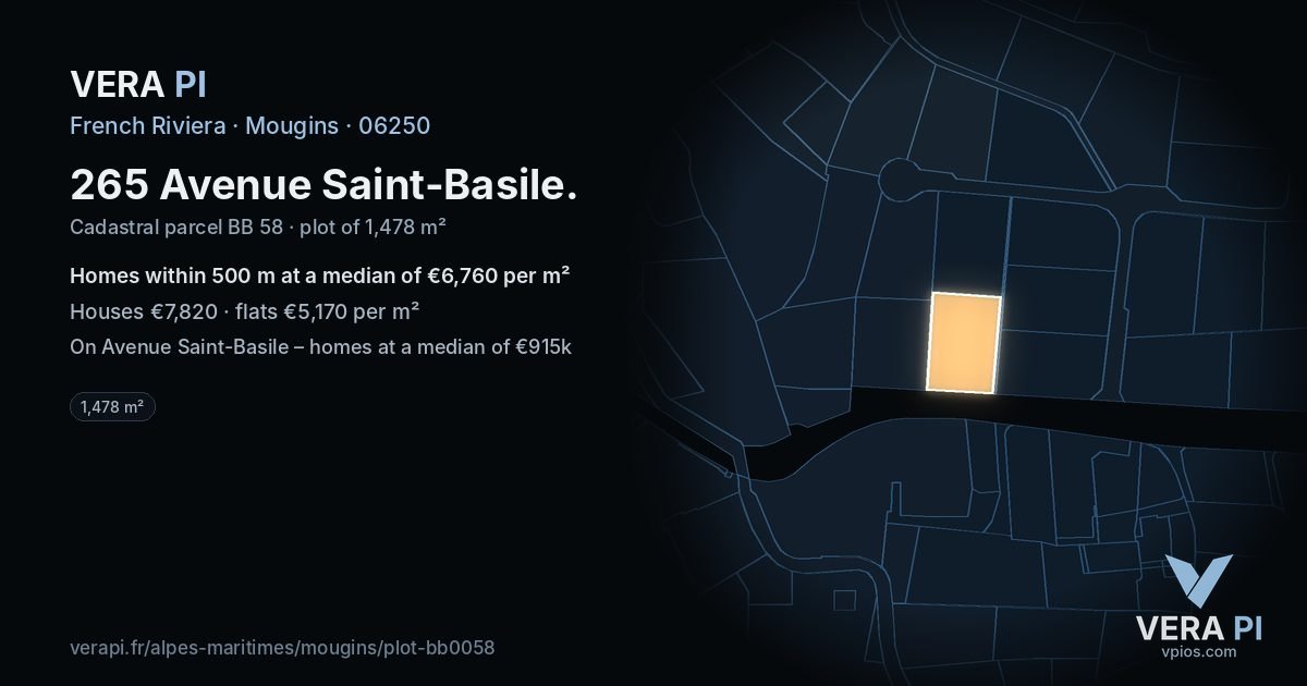 265 Avenue Saint-Basile, Mougins at night – the plot lit, the parcels around coloured by the prices near them