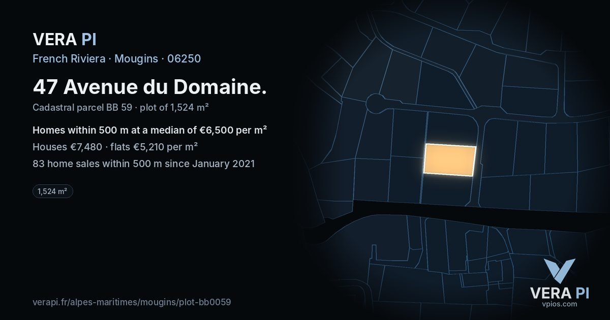 47 Avenue du Domaine, Mougins at night – the plot lit, the parcels around coloured by the prices near them