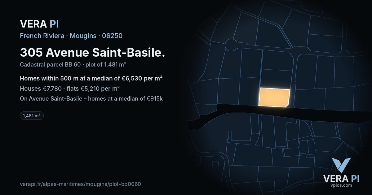 305 Avenue Saint-Basile, Mougins at night – the plot lit, the parcels around coloured by the prices near them