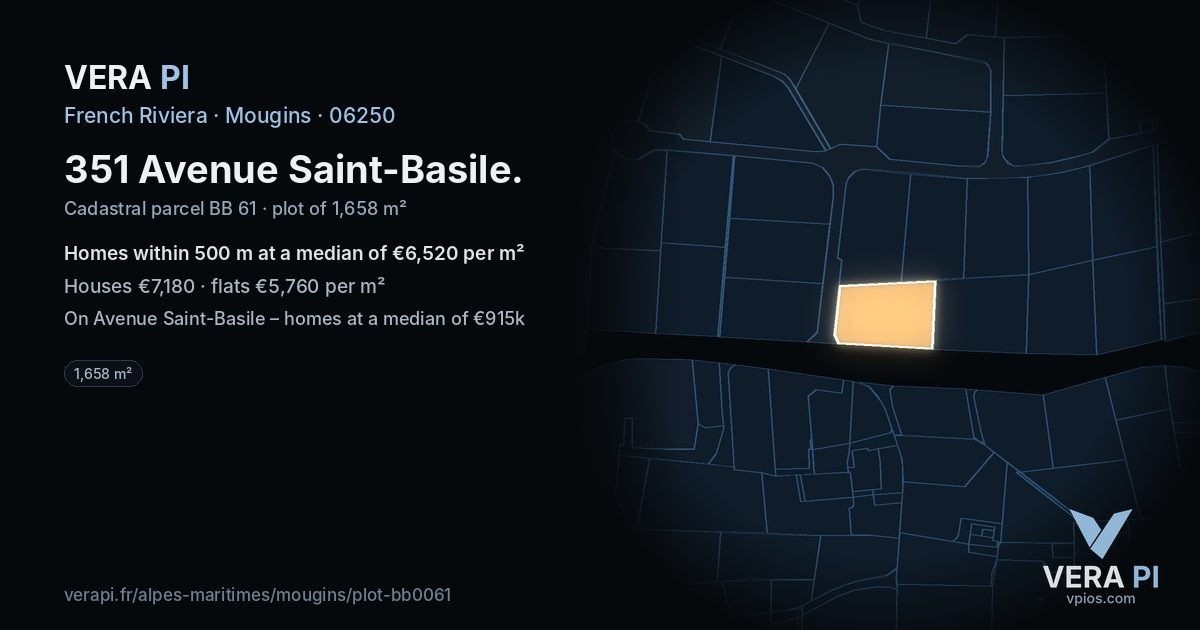 351 Avenue Saint-Basile, Mougins at night – the plot lit, the parcels around coloured by the prices near them