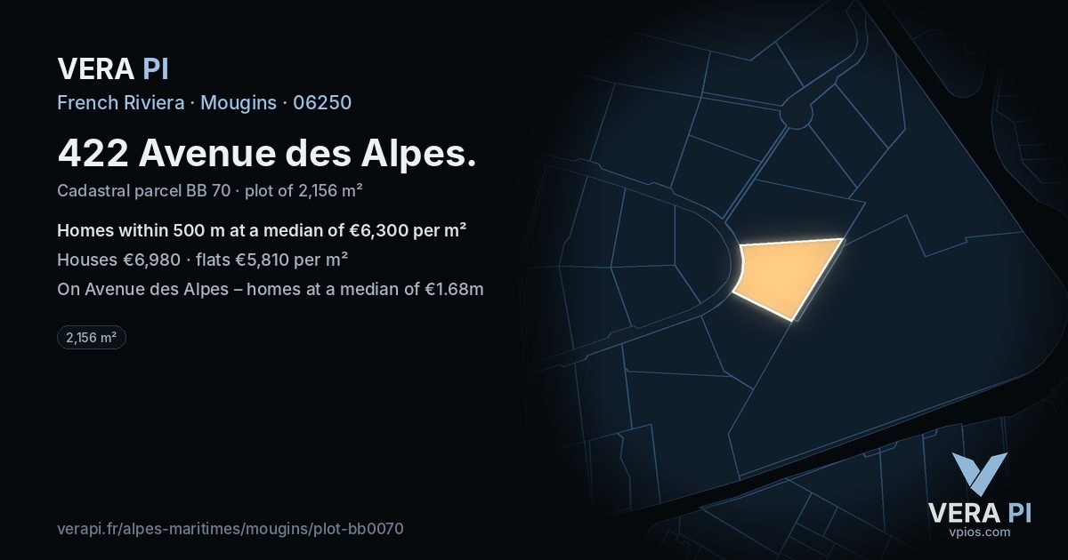422 Avenue des Alpes, Mougins at night – the plot lit, the parcels around coloured by the prices near them
