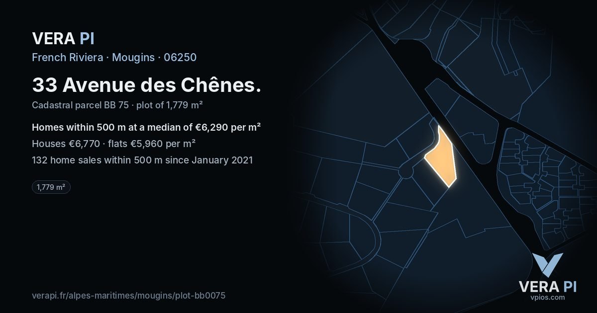 33 Avenue des Chênes, Mougins at night – the plot lit, the parcels around coloured by the prices near them