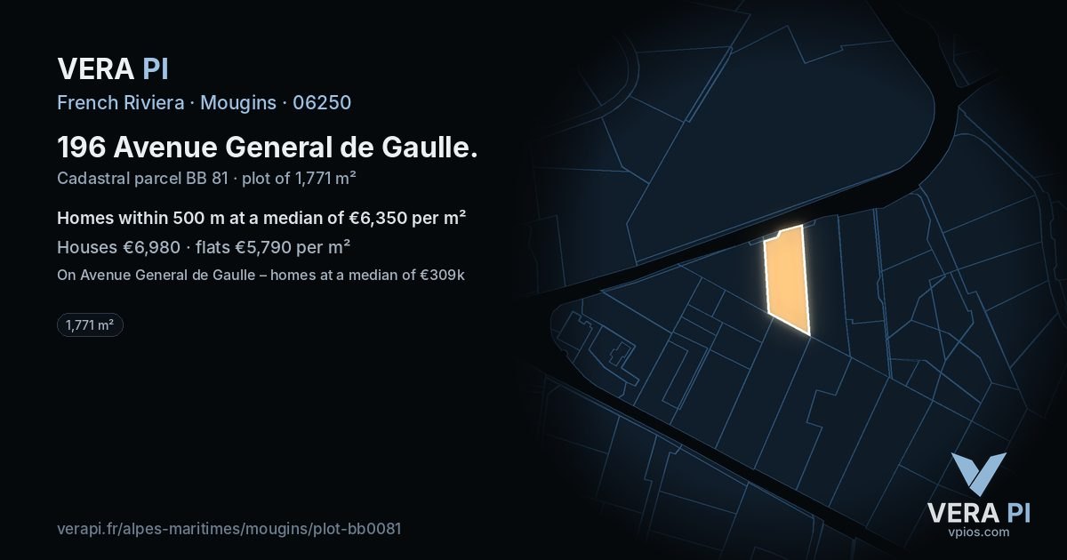 196 Avenue General de Gaulle, Mougins at night – the plot lit, the parcels around coloured by the prices near them