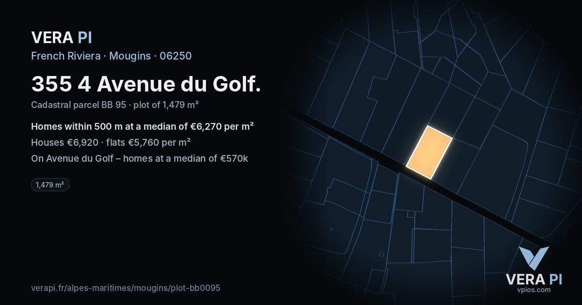 355 4 Avenue du Golf, Mougins at night – the plot lit, the parcels around coloured by the prices near them