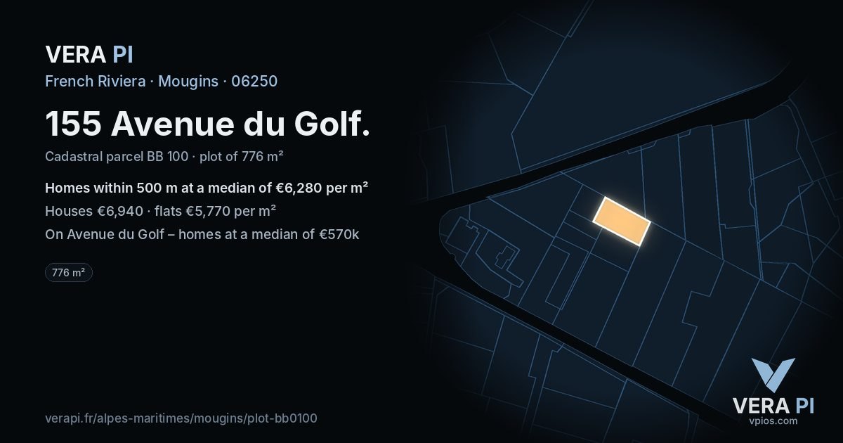 155 Avenue du Golf, Mougins at night – the plot lit, the parcels around coloured by the prices near them