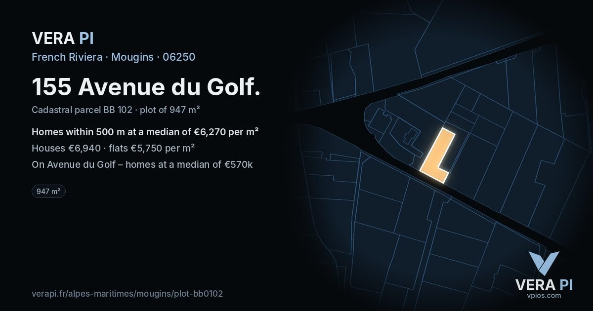 155 Avenue du Golf, Mougins at night – the plot lit, the parcels around coloured by the prices near them