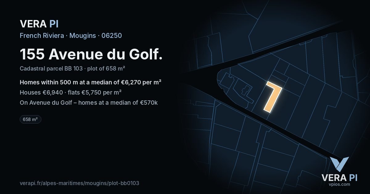 155 Avenue du Golf, Mougins at night – the plot lit, the parcels around coloured by the prices near them