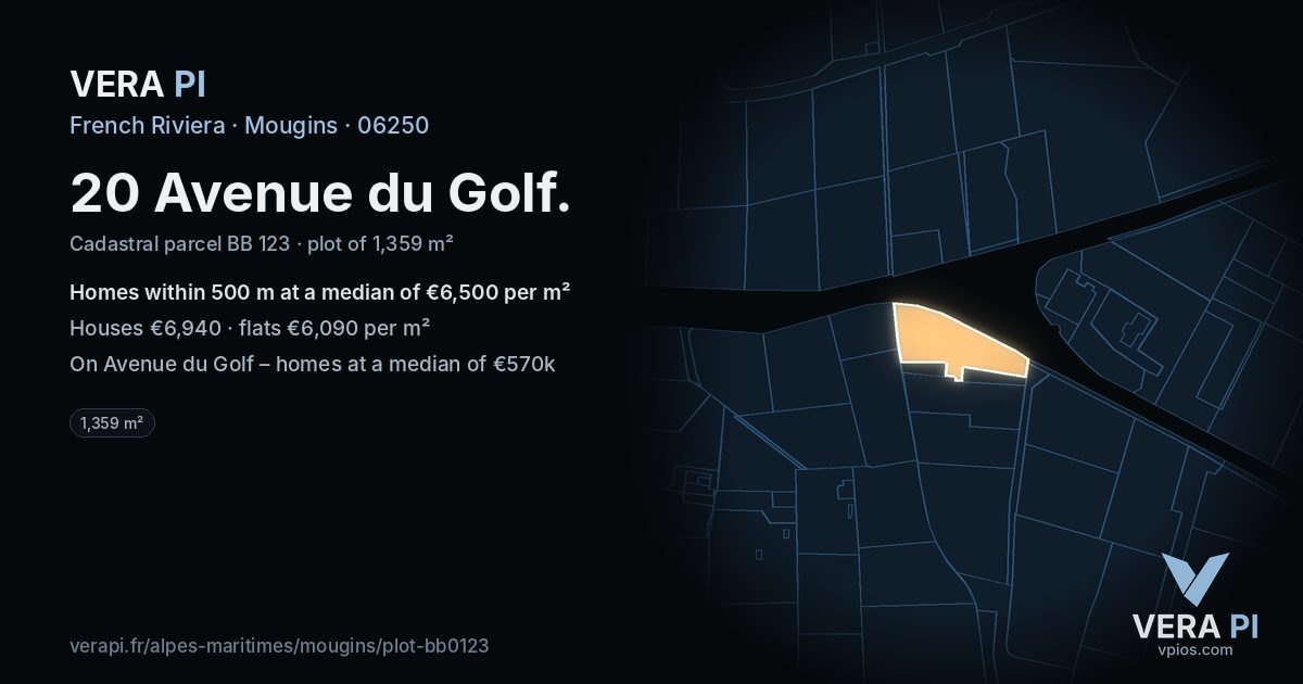 20 Avenue du Golf, Mougins at night – the plot lit, the parcels around coloured by the prices near them