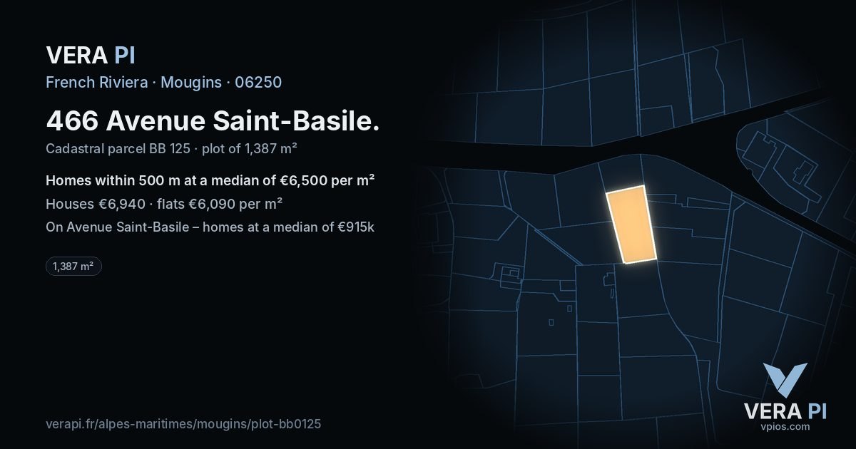 466 Avenue Saint-Basile, Mougins at night – the plot lit, the parcels around coloured by the prices near them