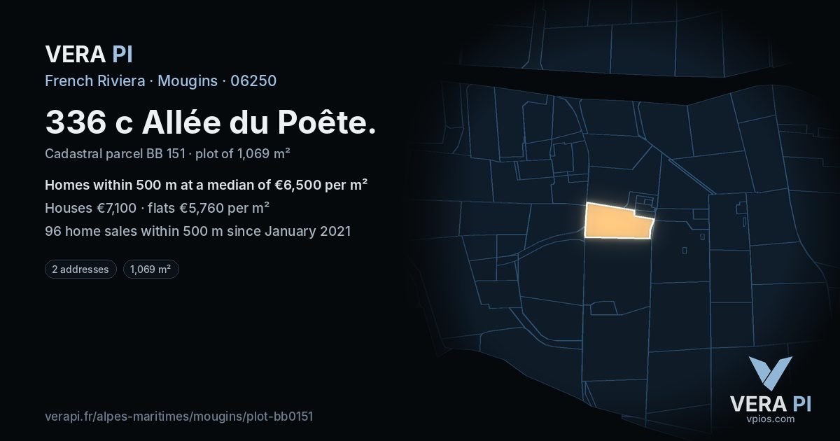 336 c Allée du Poête, Mougins at night – the plot lit, the parcels around coloured by the prices near them