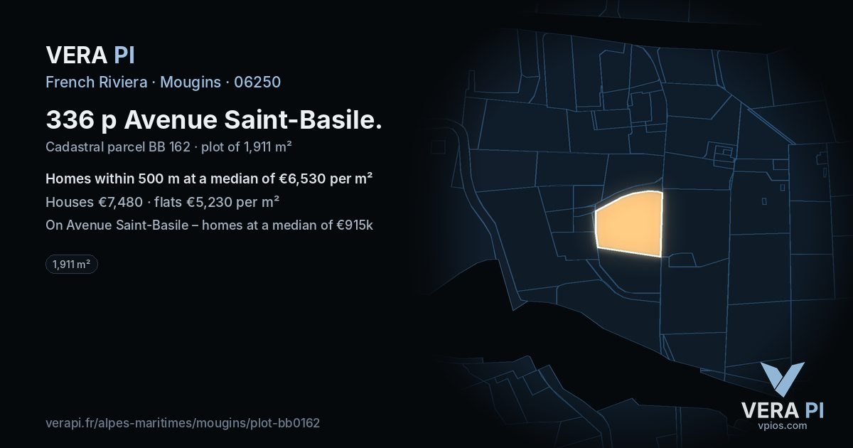 336 p Avenue Saint-Basile, Mougins at night – the plot lit, the parcels around coloured by the prices near them