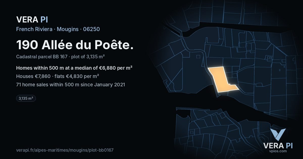 190 Allée du Poête, Mougins at night – the plot lit, the parcels around coloured by the prices near them