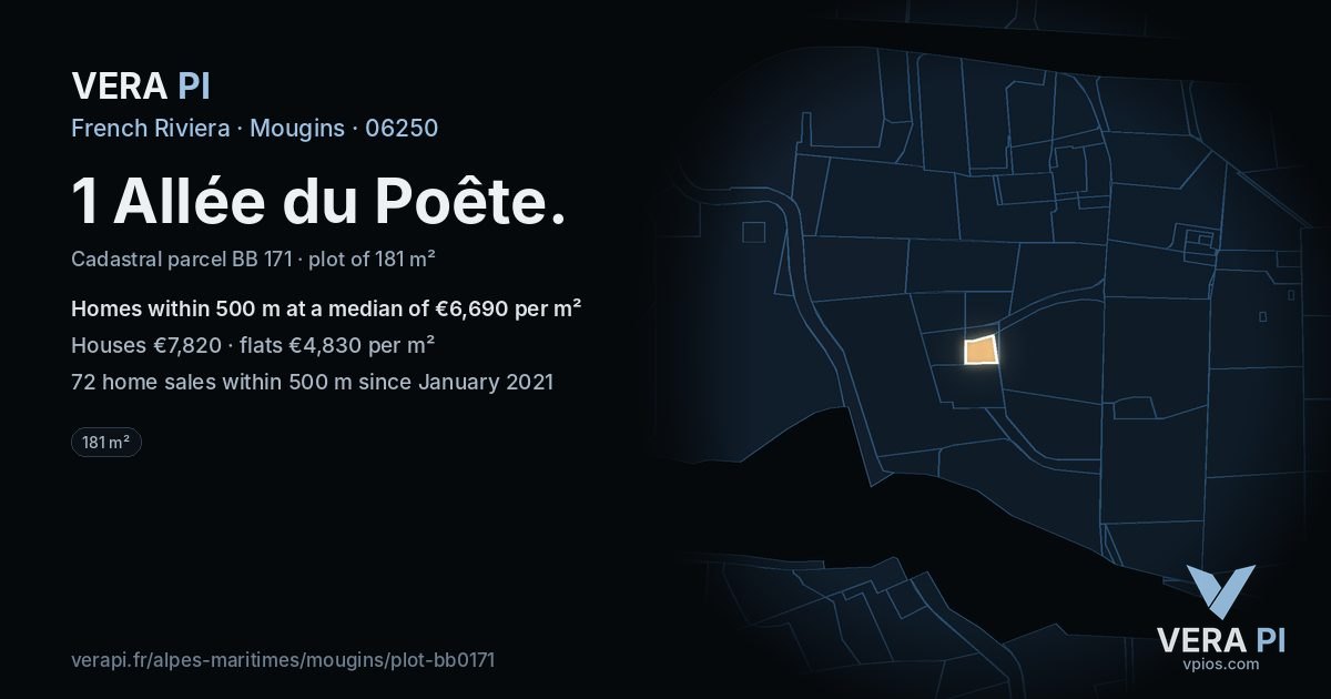 1 Allée du Poête, Mougins at night – the plot lit, the parcels around coloured by the prices near them