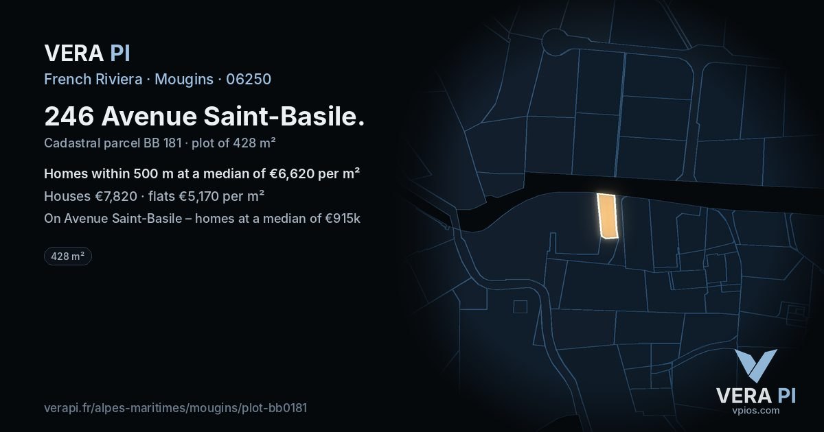246 Avenue Saint-Basile, Mougins at night – the plot lit, the parcels around coloured by the prices near them