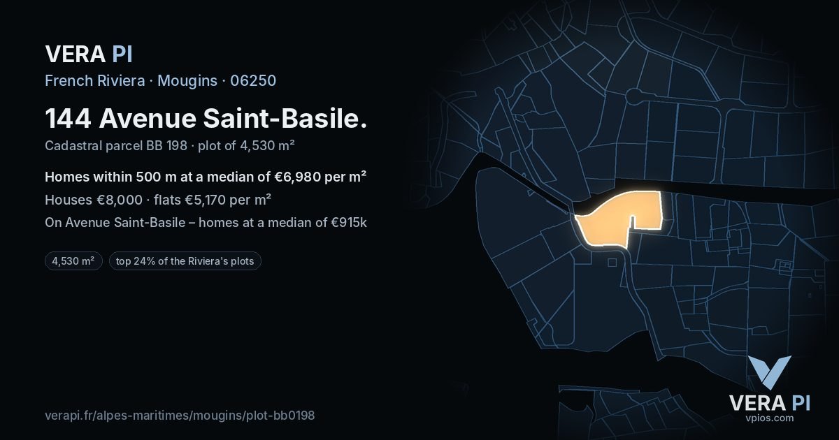 144 Avenue Saint-Basile, Mougins at night – the plot lit, the parcels around coloured by the prices near them
