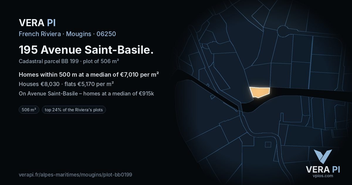 195 Avenue Saint-Basile, Mougins at night – the plot lit, the parcels around coloured by the prices near them
