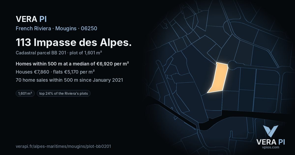 113 Impasse des Alpes, Mougins at night – the plot lit, the parcels around coloured by the prices near them