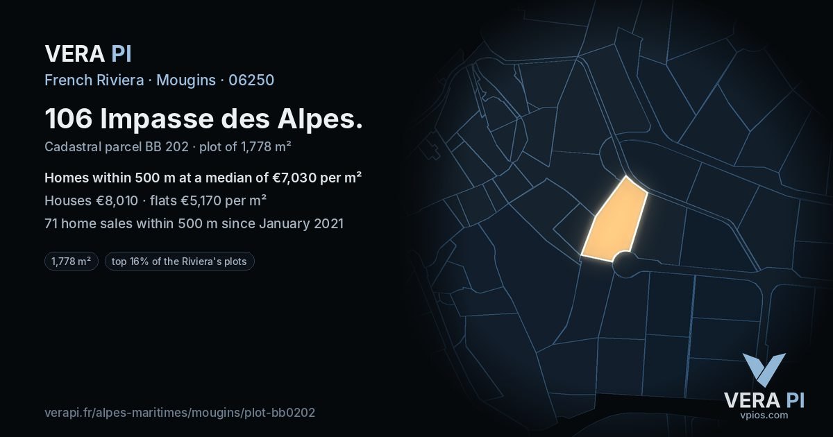 106 Impasse des Alpes, Mougins at night – the plot lit, the parcels around coloured by the prices near them