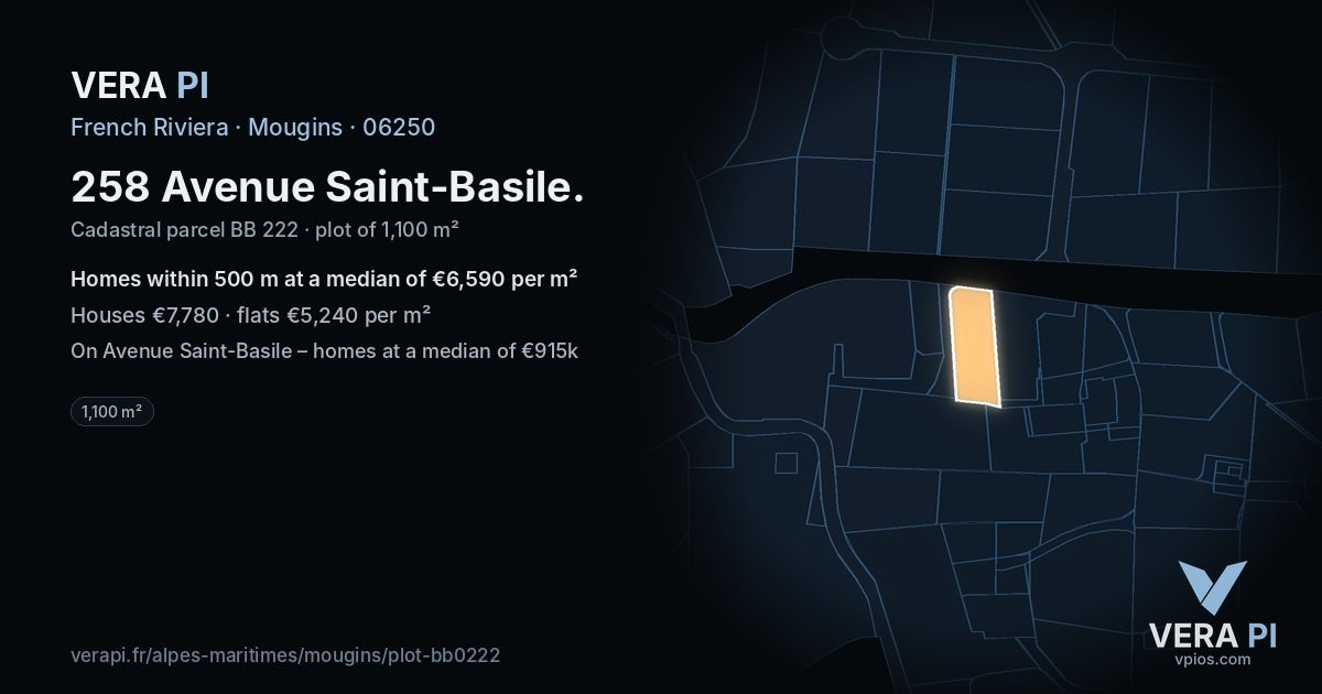 258 Avenue Saint-Basile, Mougins at night – the plot lit, the parcels around coloured by the prices near them