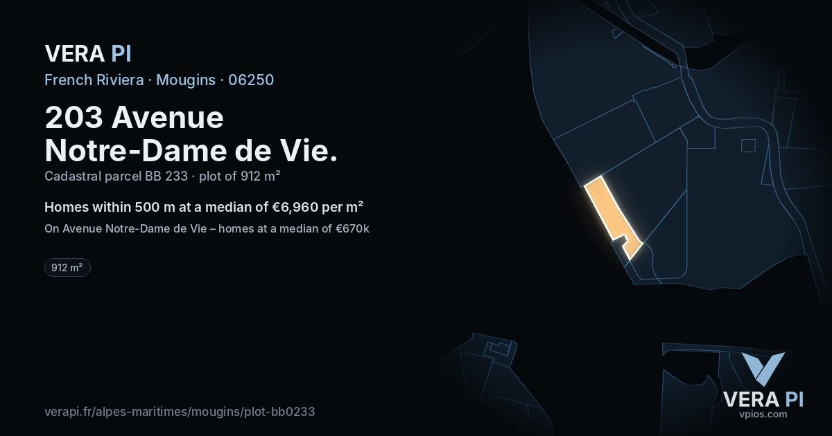 203 Avenue Notre-Dame de Vie, Mougins at night – the plot lit, the parcels around coloured by the prices near them