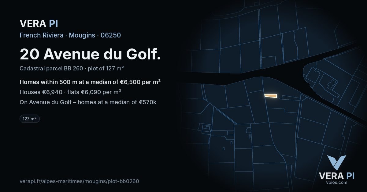 20 Avenue du Golf, Mougins at night – the plot lit, the parcels around coloured by the prices near them