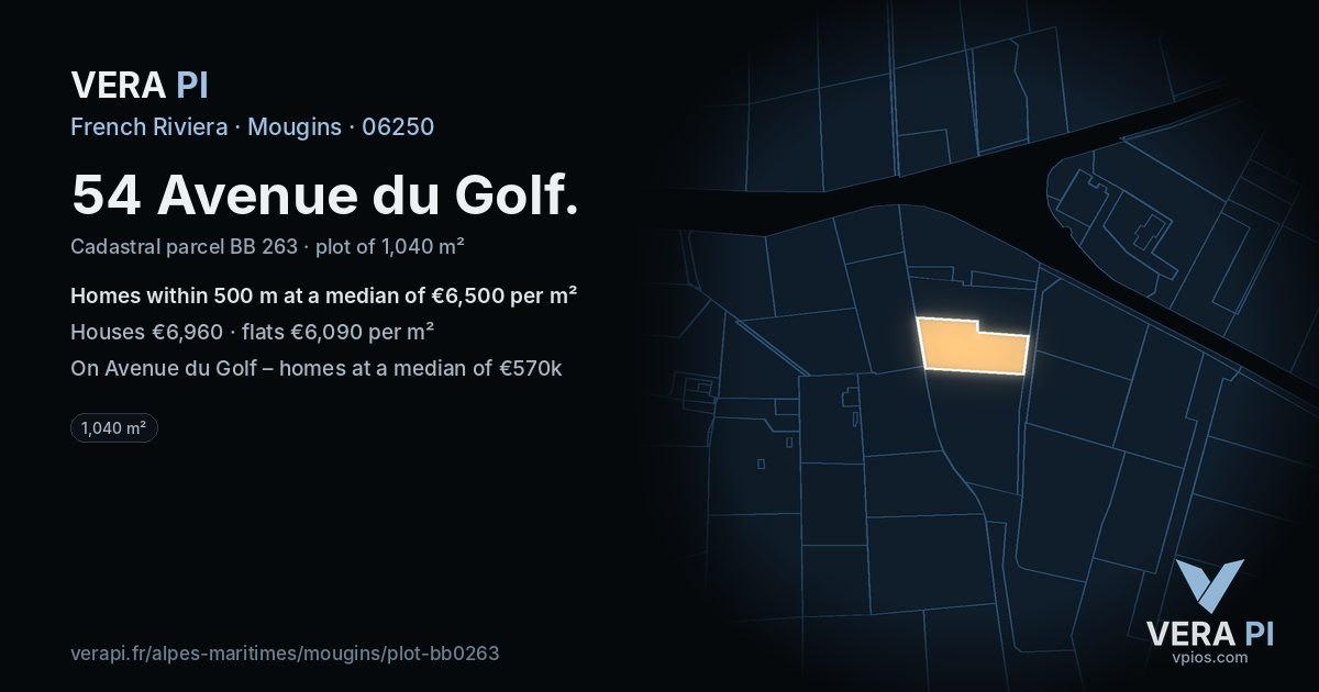 54 Avenue du Golf, Mougins at night – the plot lit, the parcels around coloured by the prices near them