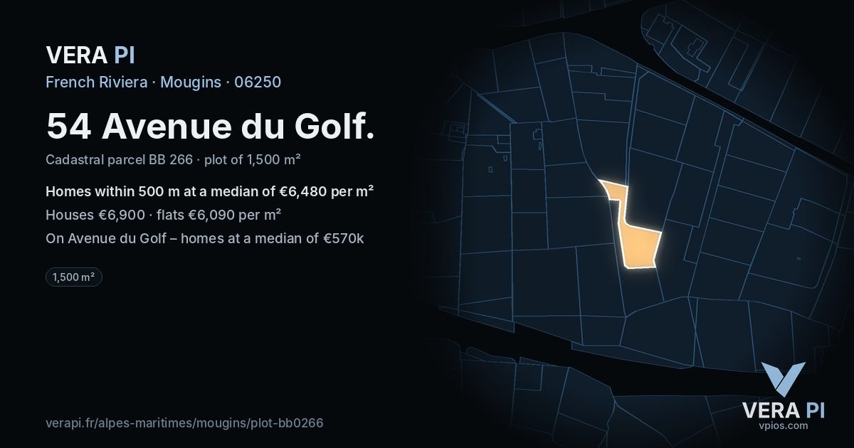 54 Avenue du Golf, Mougins at night – the plot lit, the parcels around coloured by the prices near them