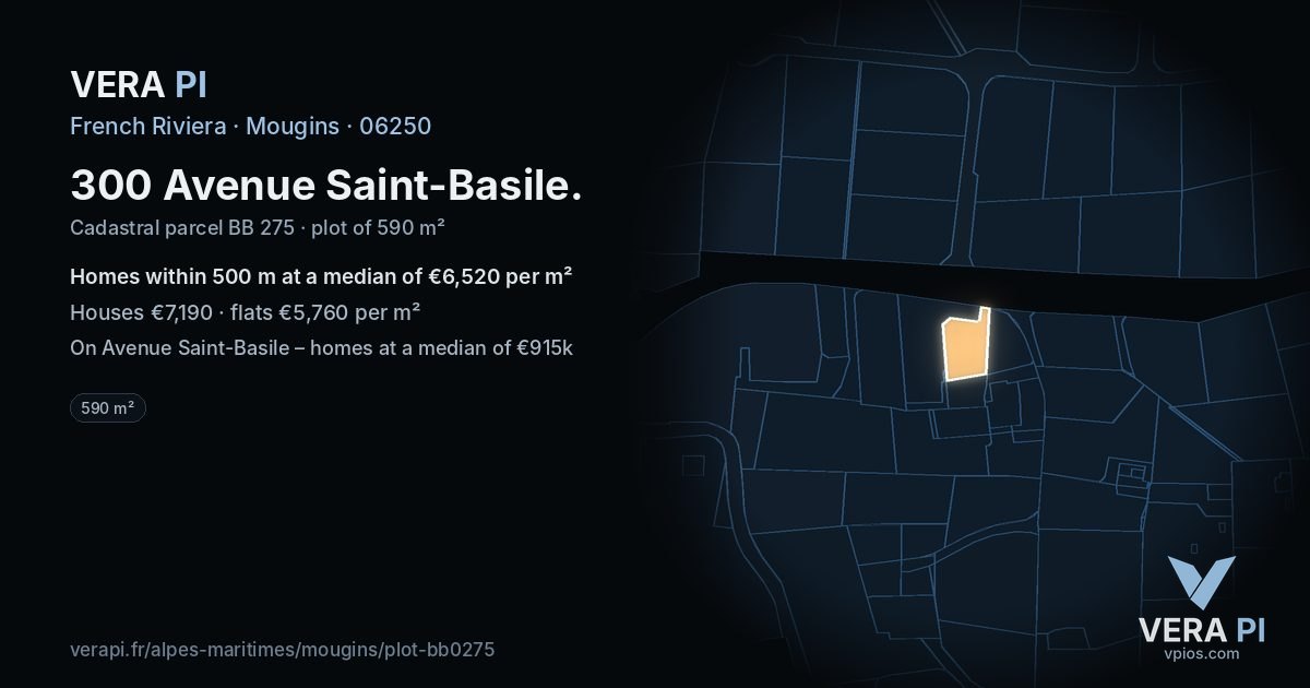300 Avenue Saint-Basile, Mougins at night – the plot lit, the parcels around coloured by the prices near them