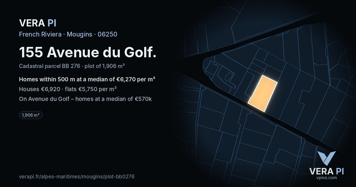 155 Avenue du Golf, Mougins at night – the plot lit, the parcels around coloured by the prices near them