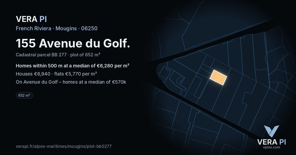 155 Avenue du Golf, Mougins at night – the plot lit, the parcels around coloured by the prices near them
