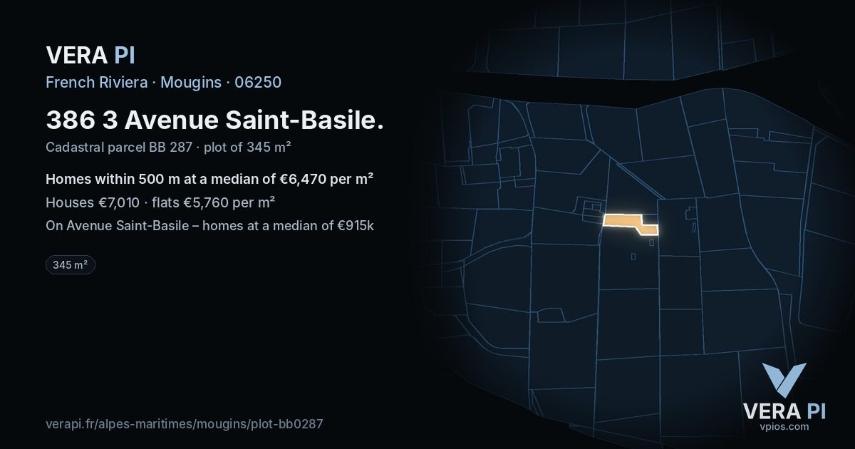 386 3 Avenue Saint-Basile, Mougins at night – the plot lit, the parcels around coloured by the prices near them