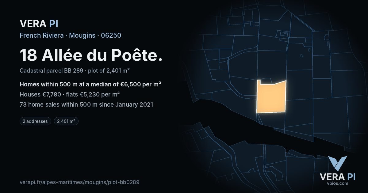 18 Allée du Poête, Mougins at night – the plot lit, the parcels around coloured by the prices near them