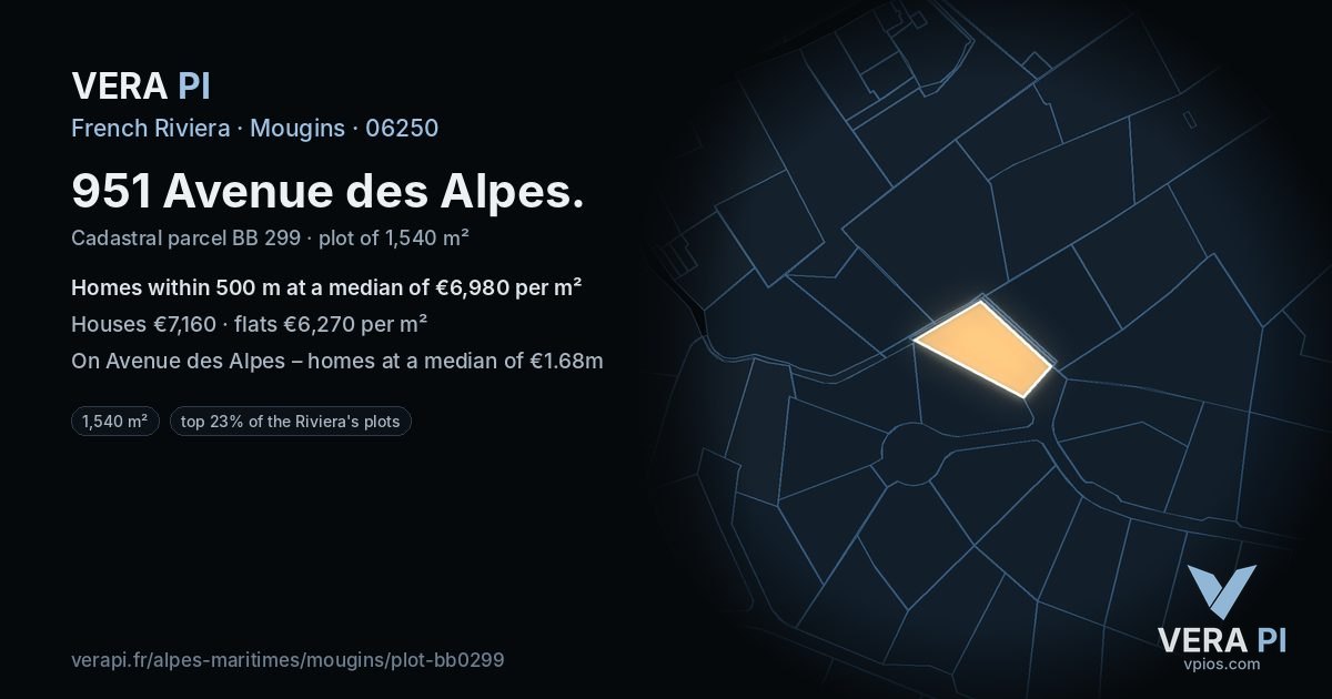 951 Avenue des Alpes, Mougins at night – the plot lit, the parcels around coloured by the prices near them