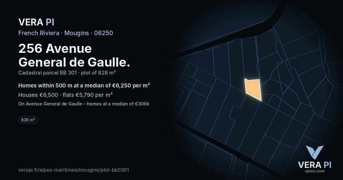 256 Avenue General de Gaulle, Mougins at night – the plot lit, the parcels around coloured by the prices near them