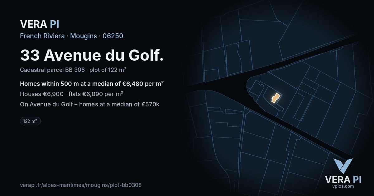33 Avenue du Golf, Mougins at night – the plot lit, the parcels around coloured by the prices near them