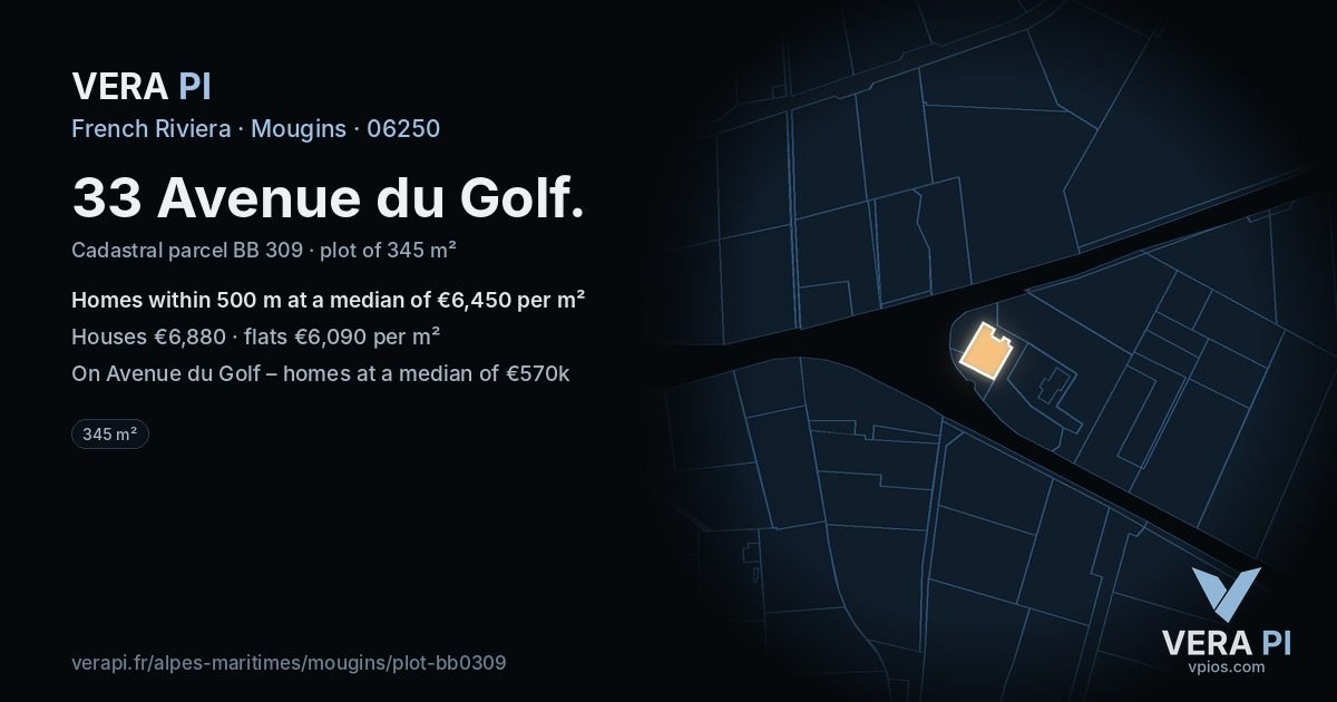 33 Avenue du Golf, Mougins at night – the plot lit, the parcels around coloured by the prices near them