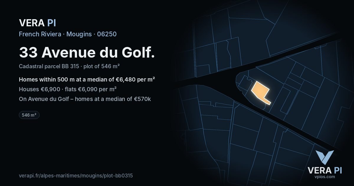 33 Avenue du Golf, Mougins at night – the plot lit, the parcels around coloured by the prices near them