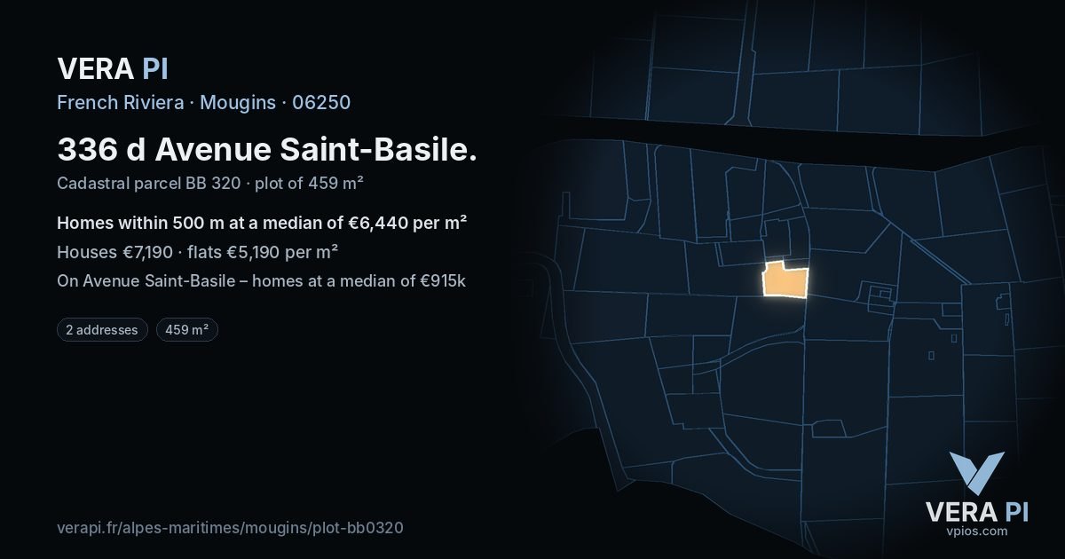 336 d Avenue Saint-Basile, Mougins at night – the plot lit, the parcels around coloured by the prices near them