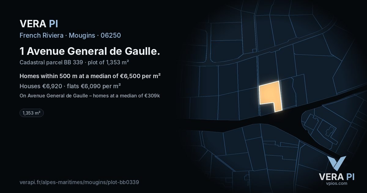 1 Avenue General de Gaulle, Mougins at night – the plot lit, the parcels around coloured by the prices near them