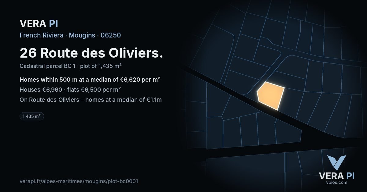 26 Route des Oliviers, Mougins at night – the plot lit, the parcels around coloured by the prices near them
