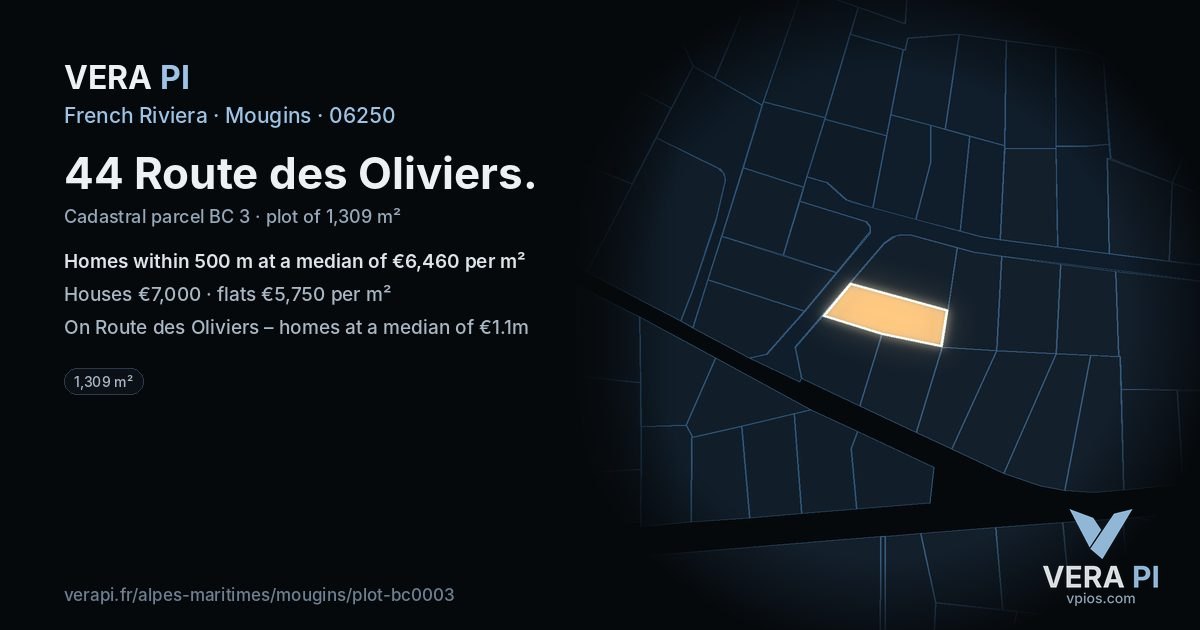 44 Route des Oliviers, Mougins at night – the plot lit, the parcels around coloured by the prices near them