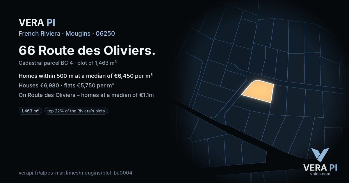 66 Route des Oliviers, Mougins at night – the plot lit, the parcels around coloured by the prices near them