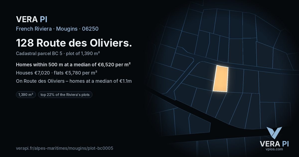 128 Route des Oliviers, Mougins at night – the plot lit, the parcels around coloured by the prices near them
