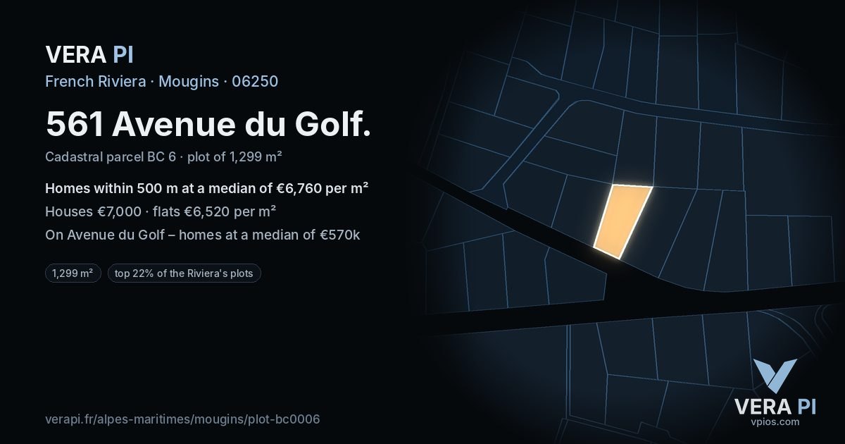 561 Avenue du Golf, Mougins at night – the plot lit, the parcels around coloured by the prices near them